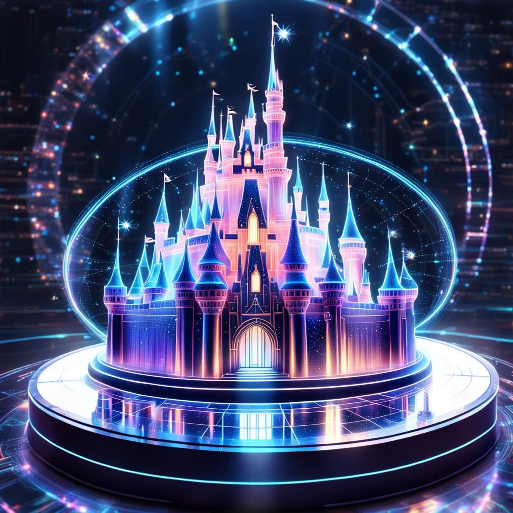 Holographic Disney Castle Projection in Mixed Media Style