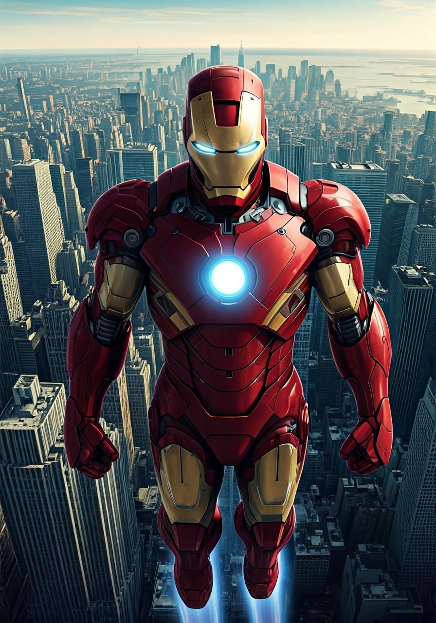 Iron Man Soaring Over New York: Cel-Shaded Anime Art