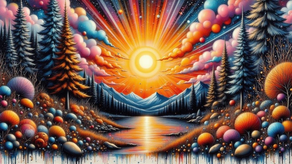 Surreal Sun Melting in Mixed Media Artwork