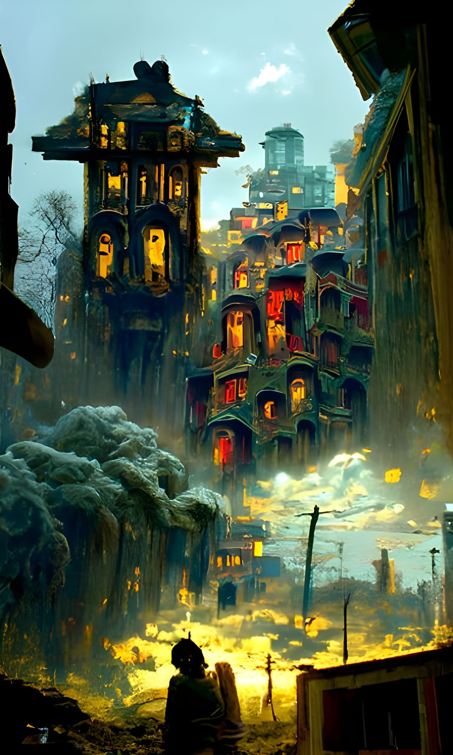 War-Torn City in Romantic Ghibli Style