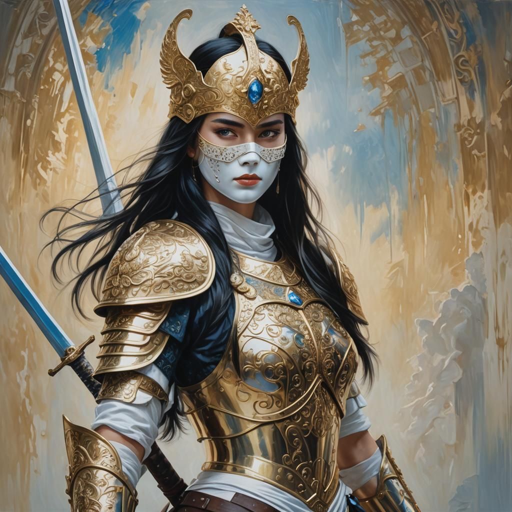 Hyperrealistic Woman Warrior with Gold Mask