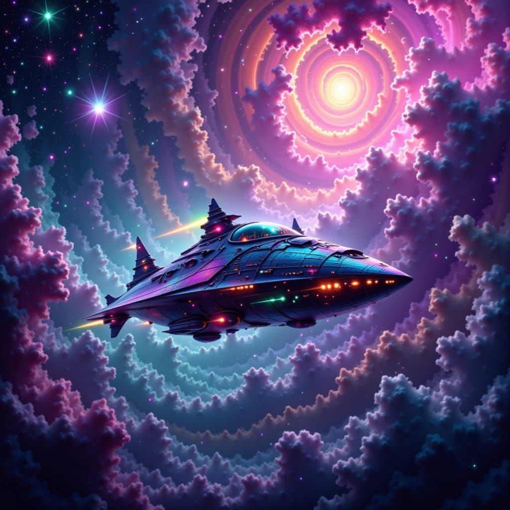Iridescent Spaceship Soaring Through Cosmic Dreamscape Nebul...