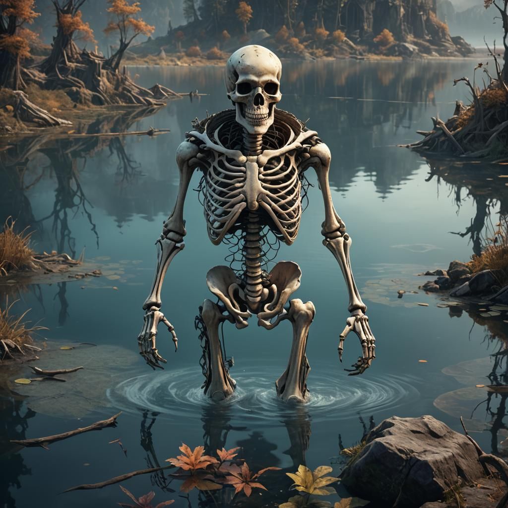 Skeleton Emerges from Lake: Detailed Matte Painting