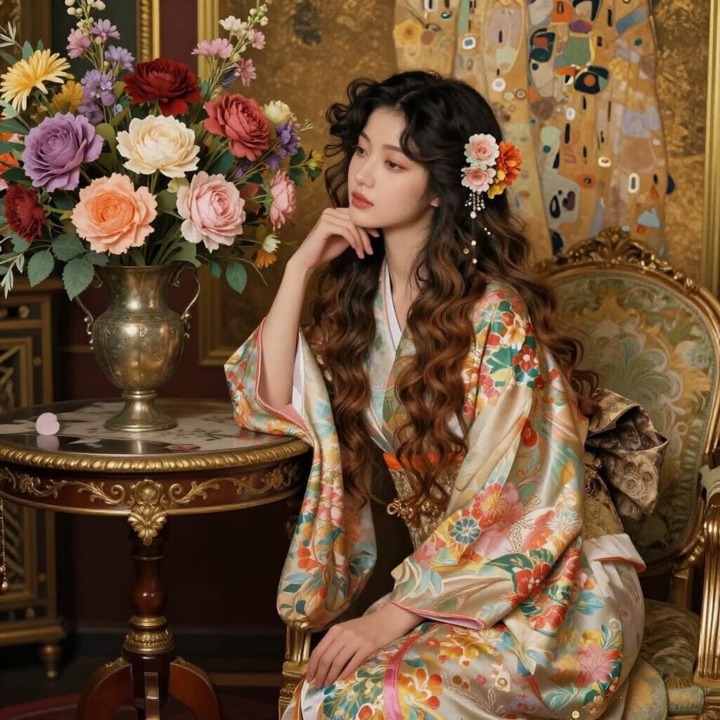 Serene Japanese Woman in Floral Robe by Ornate Table