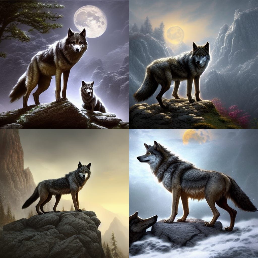 Wolves Howling at Moon: Surreal Digital Painting