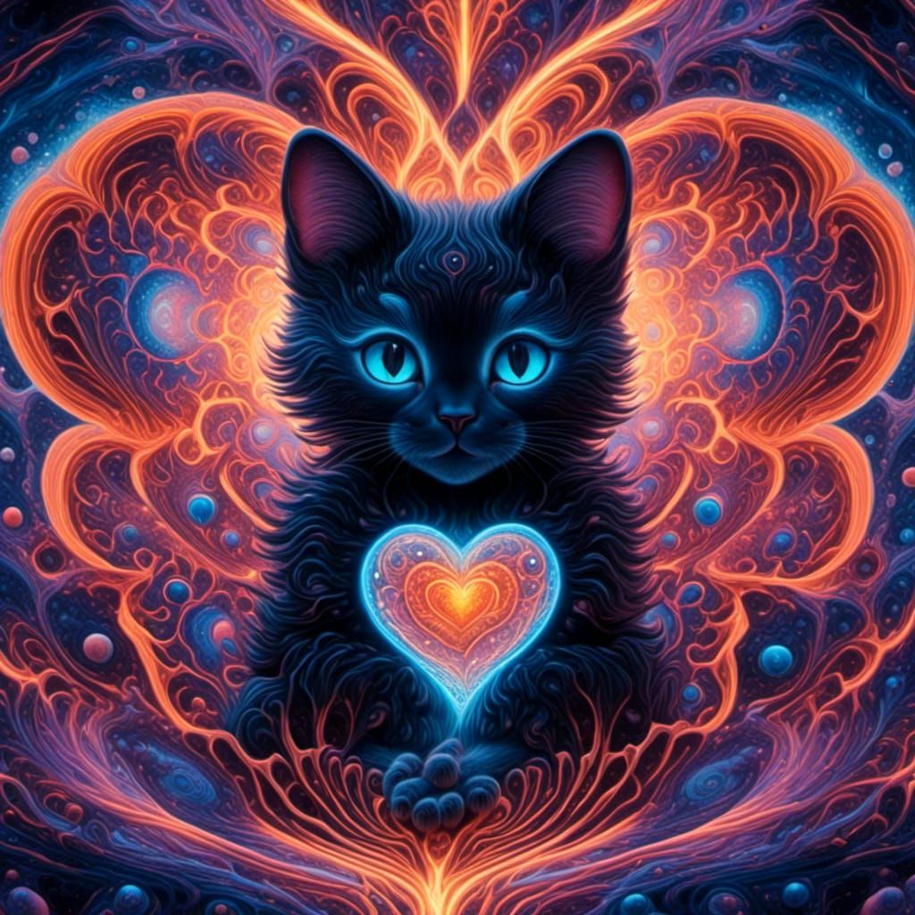 Psychedelic Kitty Cat with Glowing Heart