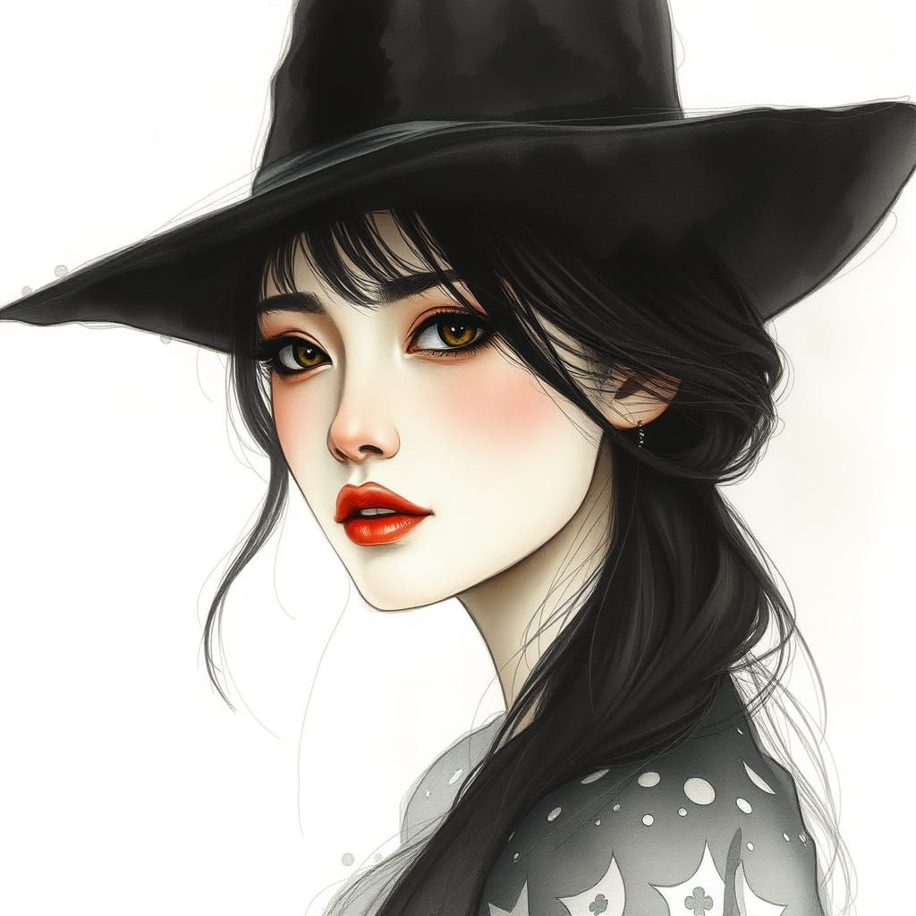 Woman in Wide-Brimmed Hat, Dreamy Watercolor Style