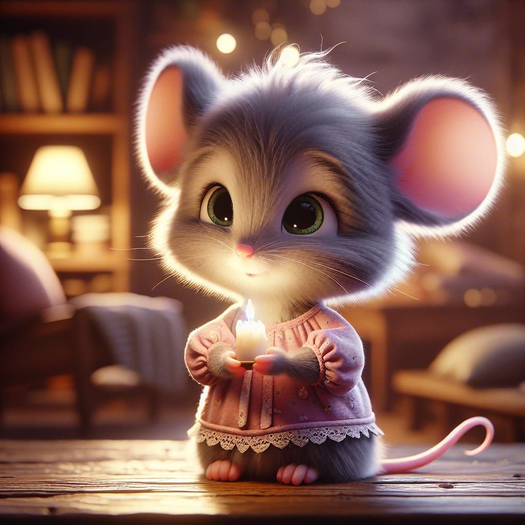 Cute Gray Mouse in Pink Nightgown with Candle