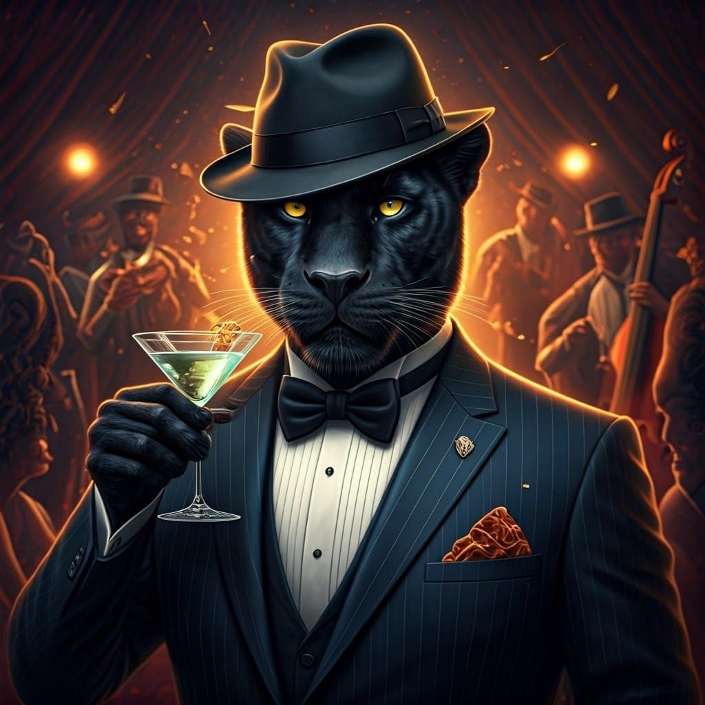 Panther in Tuxedo Sipping Martini in Jazz Club