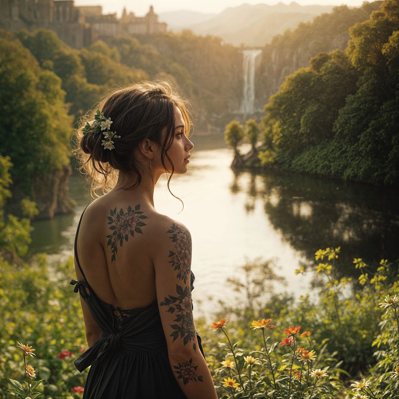 Nostalgic Female Tattoo Design with Prague Landscape