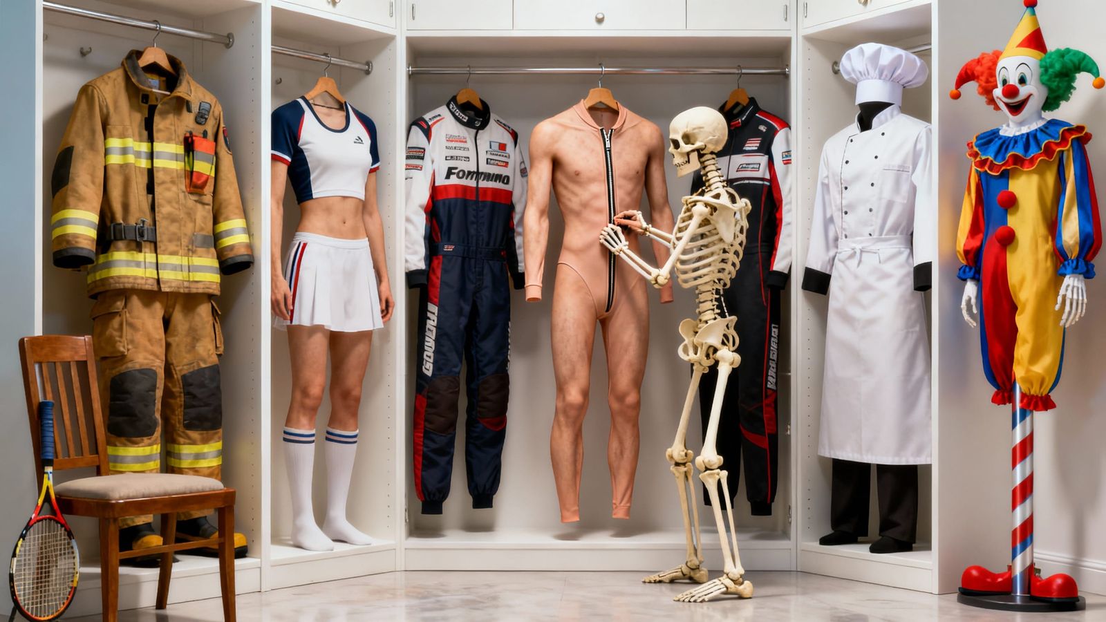 Skeleton Zips Up Human Skin Suit in Wardrobe