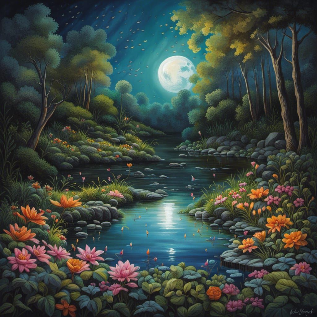 Full Moon Over Lake with Fireflies in Graffiti Art