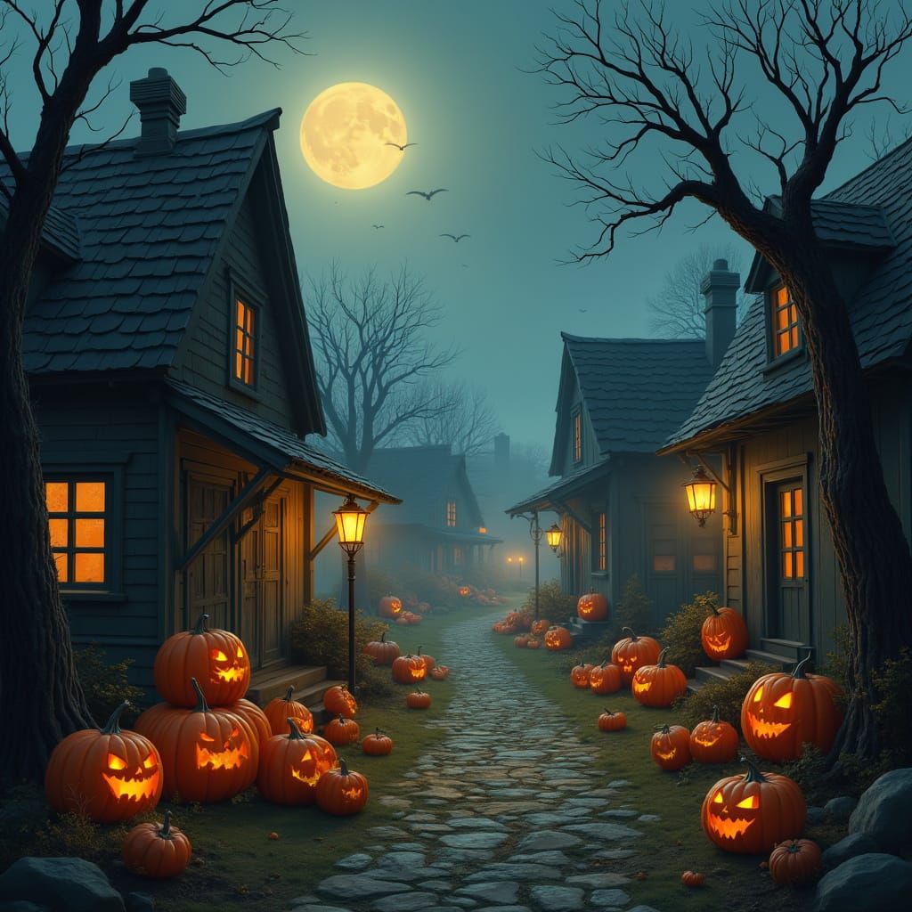 Whimsical Halloween Village Under a Moonlit Sky