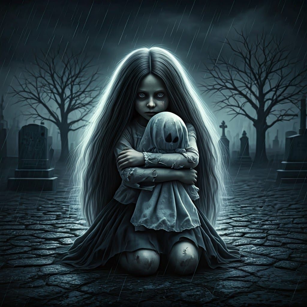 Realistic image of a ghost of a little girl with very long hair, with torn clothes and a black skirt, her face is very s...