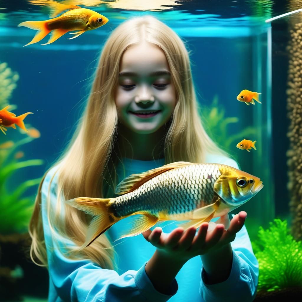 Girl with Golden Hair Holding Fishbowl