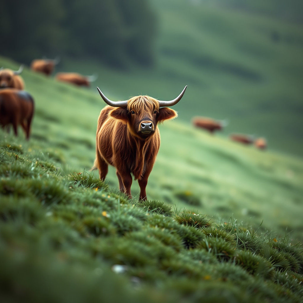 Mini Highland Cow on Grassy Hill, Matte Painting