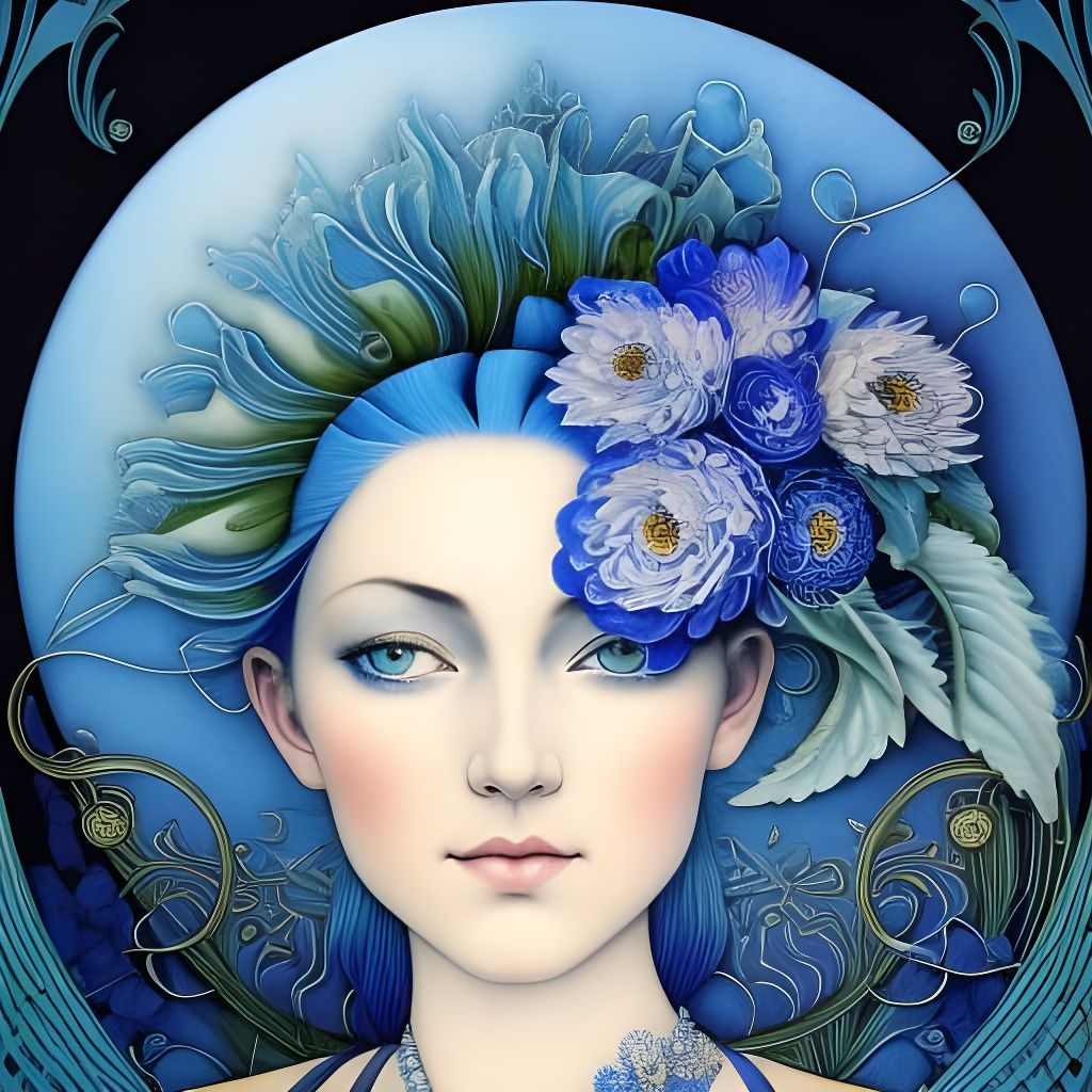 Blue-Haired Girl with Flowers in Art Nouveau Style