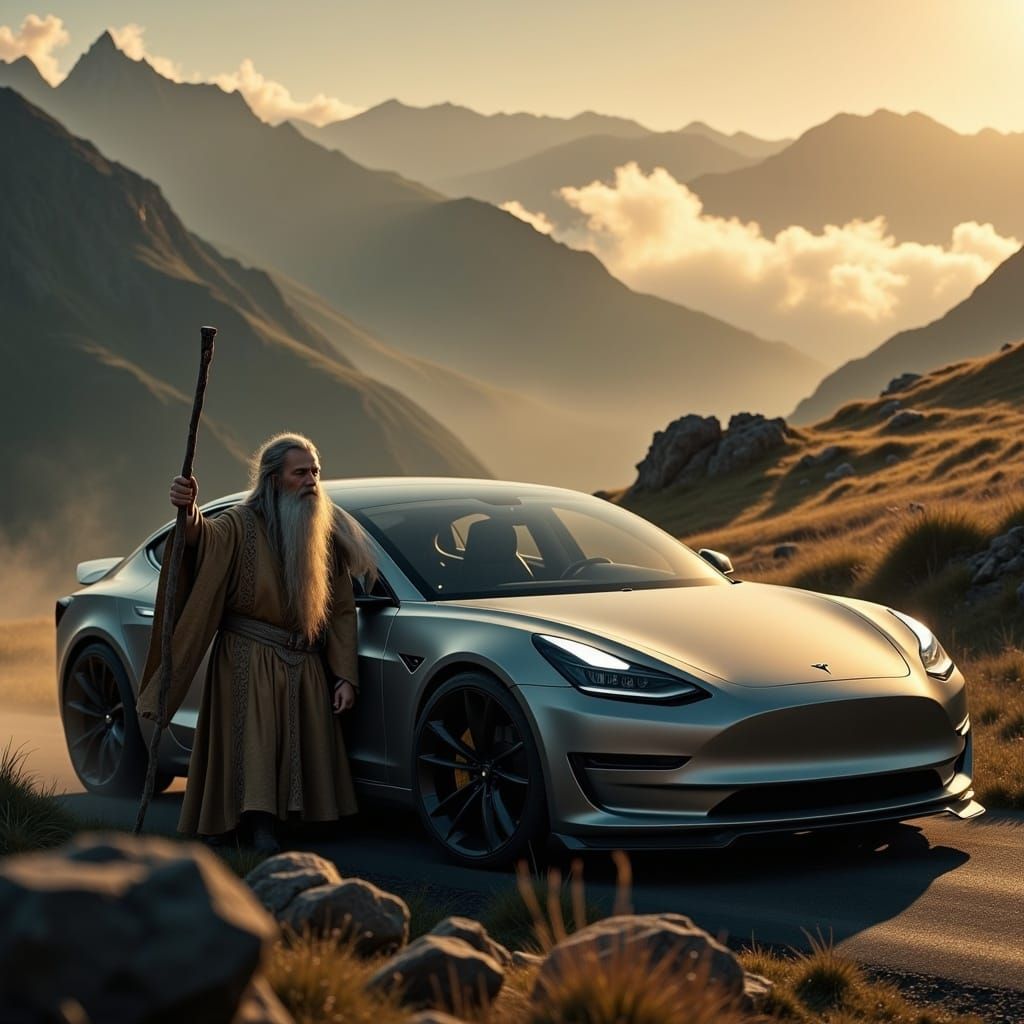 Gandalf Drives a Tesla in Cinematic Style