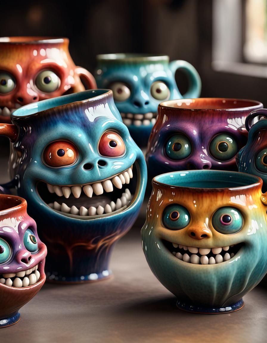 Raku Ceramic Monster Head Cups: 3D Concept Art
