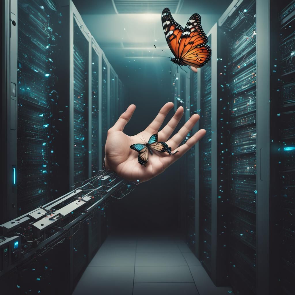 An AI program reaching for a butterfly trapped in a server room the butterfly wondering am i real or another ai?