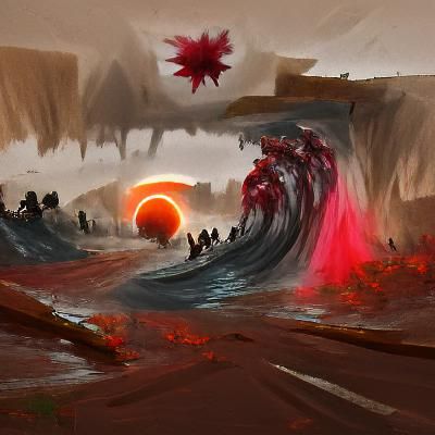 Dramatic Red Sun Wave Crash Concept Art