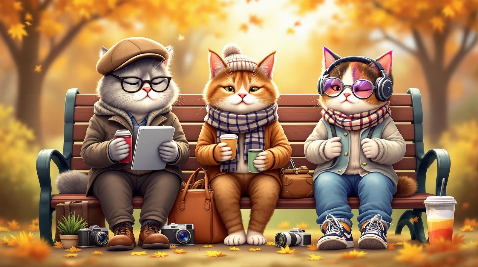 Cats Representing Generations on Park Bench in Cartoon Style