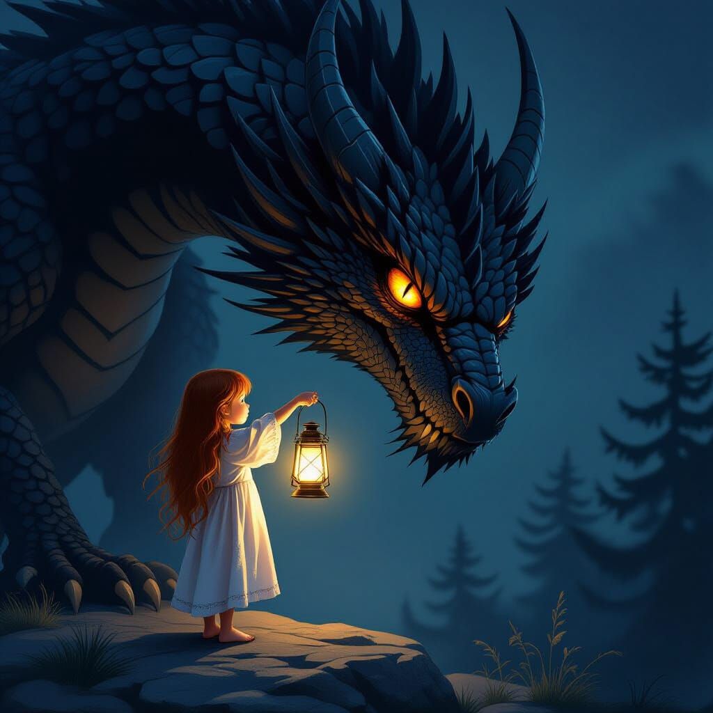 Girl and Dragon Encounter by Lantern Light