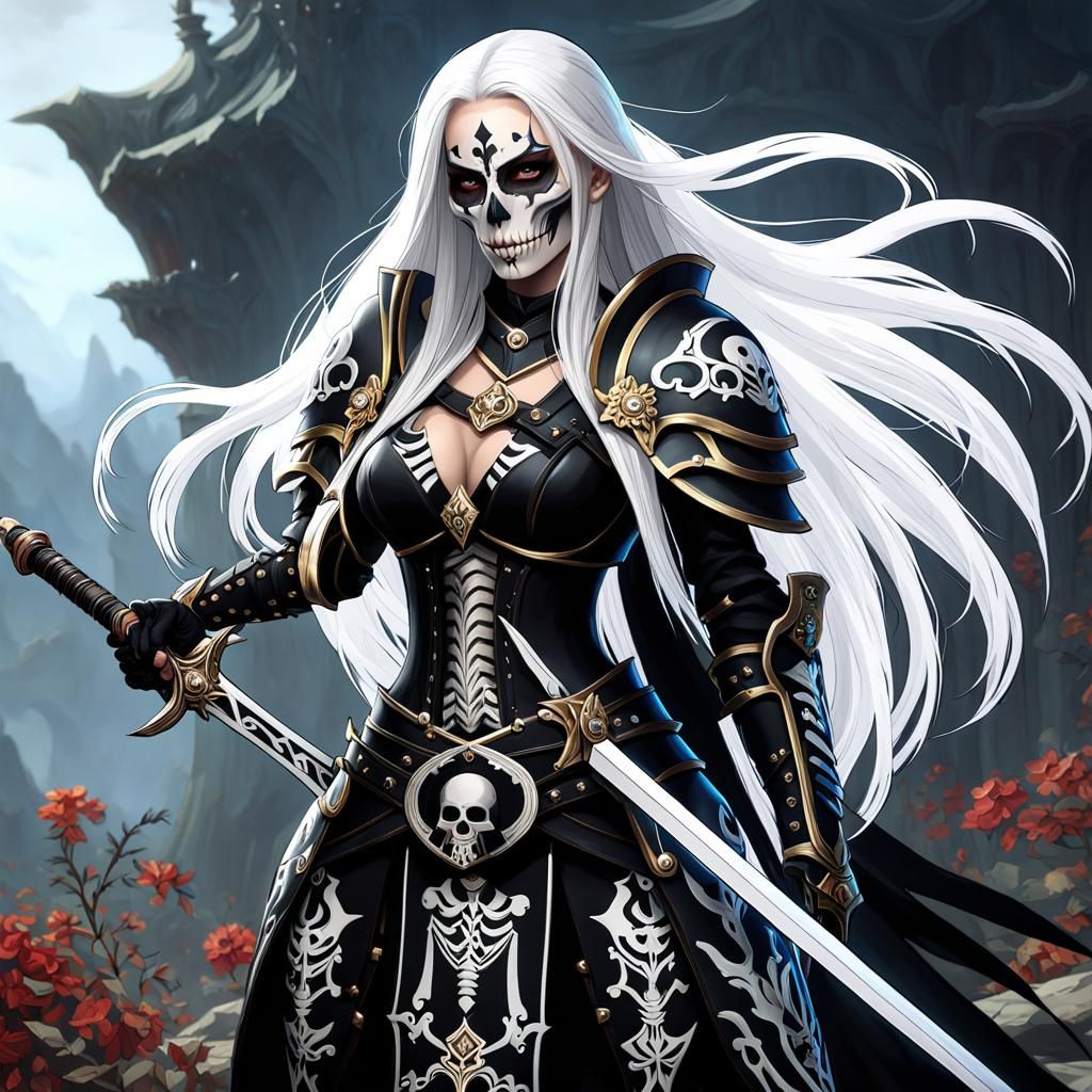 Woman Warrior with Skeleton Tattoo, Detailed Matte Painting