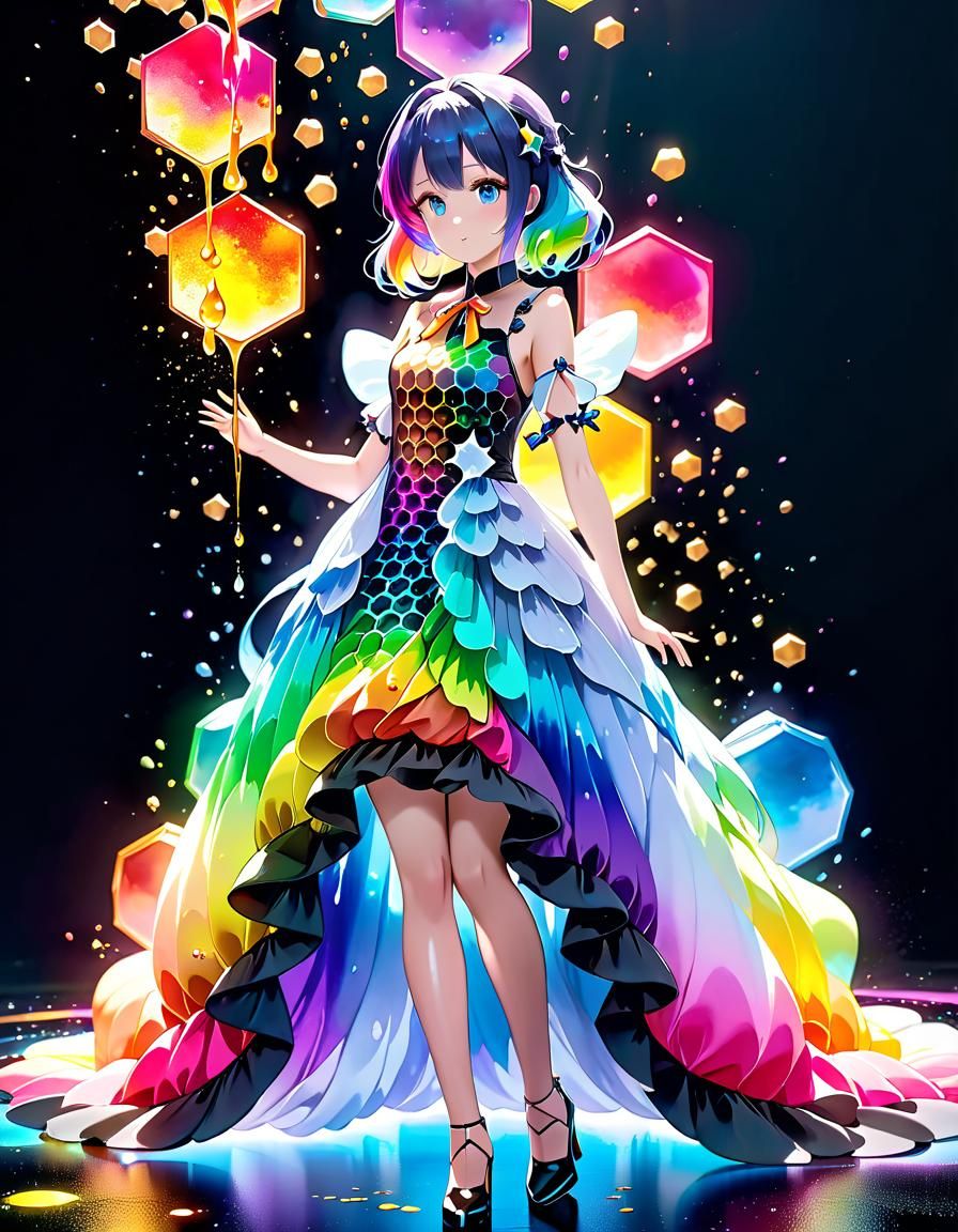 Rainbow Honeycomb Dress in Anime Art Style