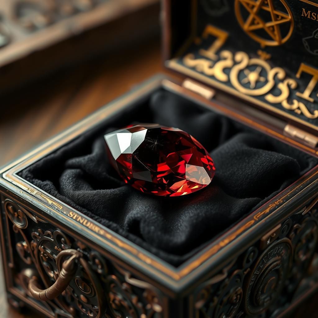 Glowing Garnet in Ornate Occult Box