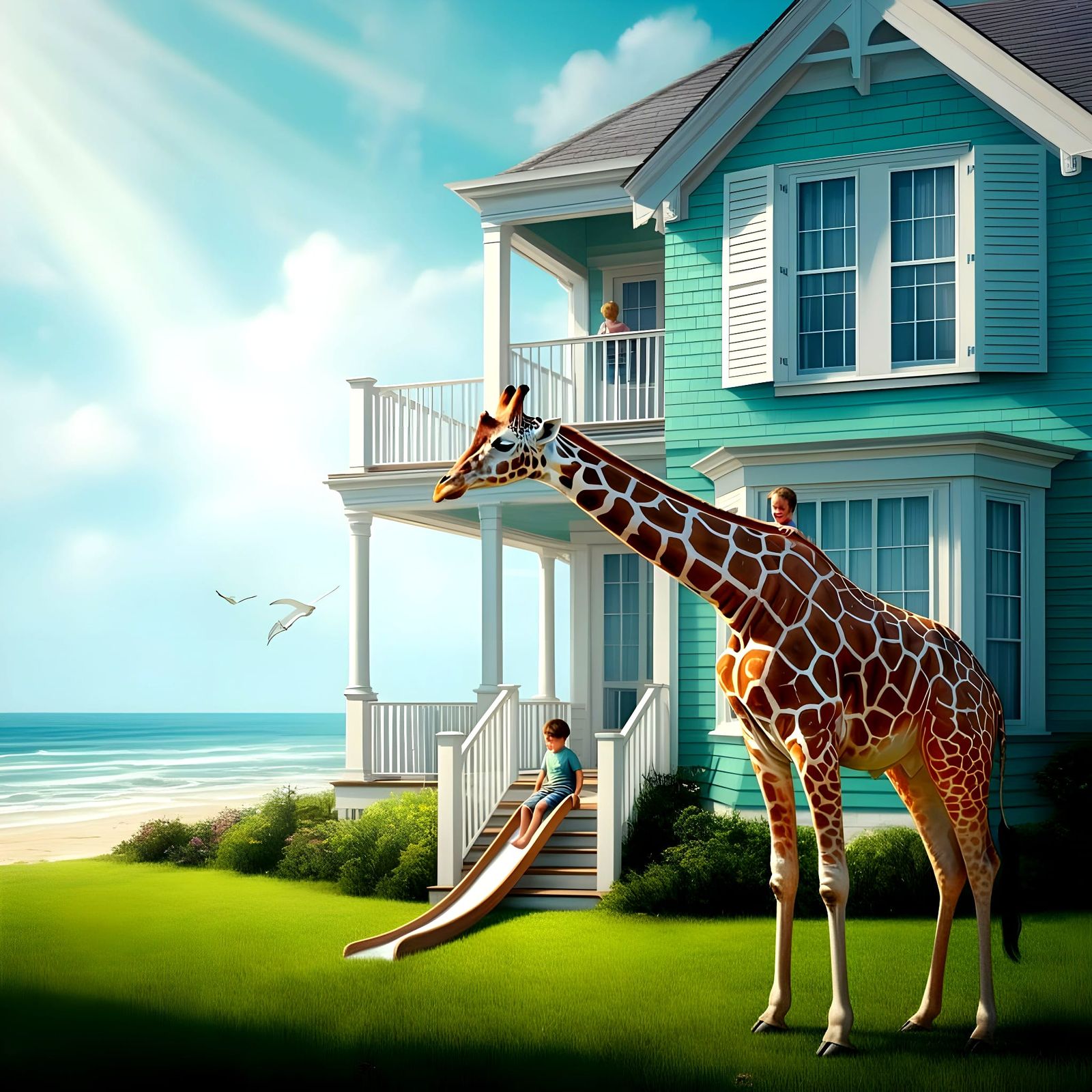 Giraffe Plays with Boy on Stylish Hamptons Beach House Lawn