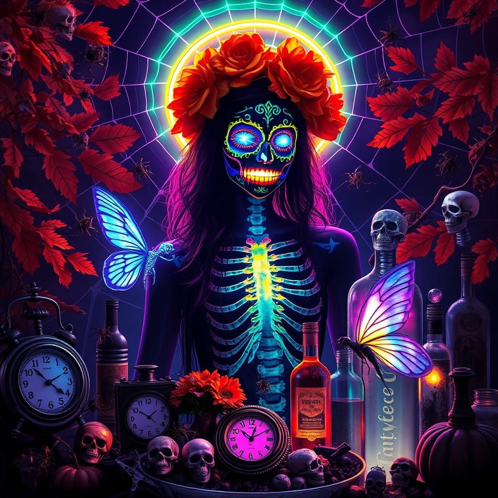 Day of the Dead Woman in Surreal Halloween Scene