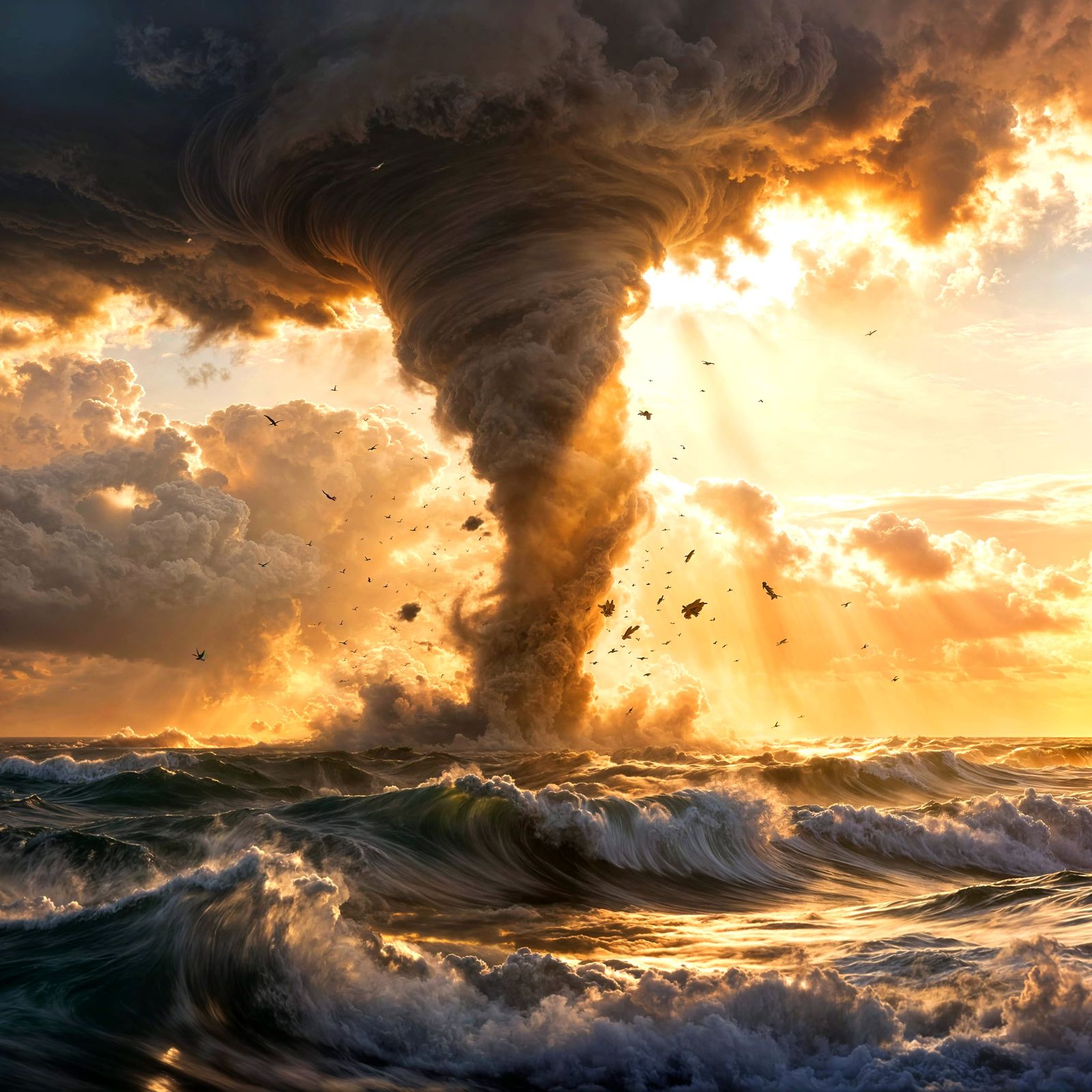 Giant Tornado Over Sea and Sky with Heavenly Sunshine
