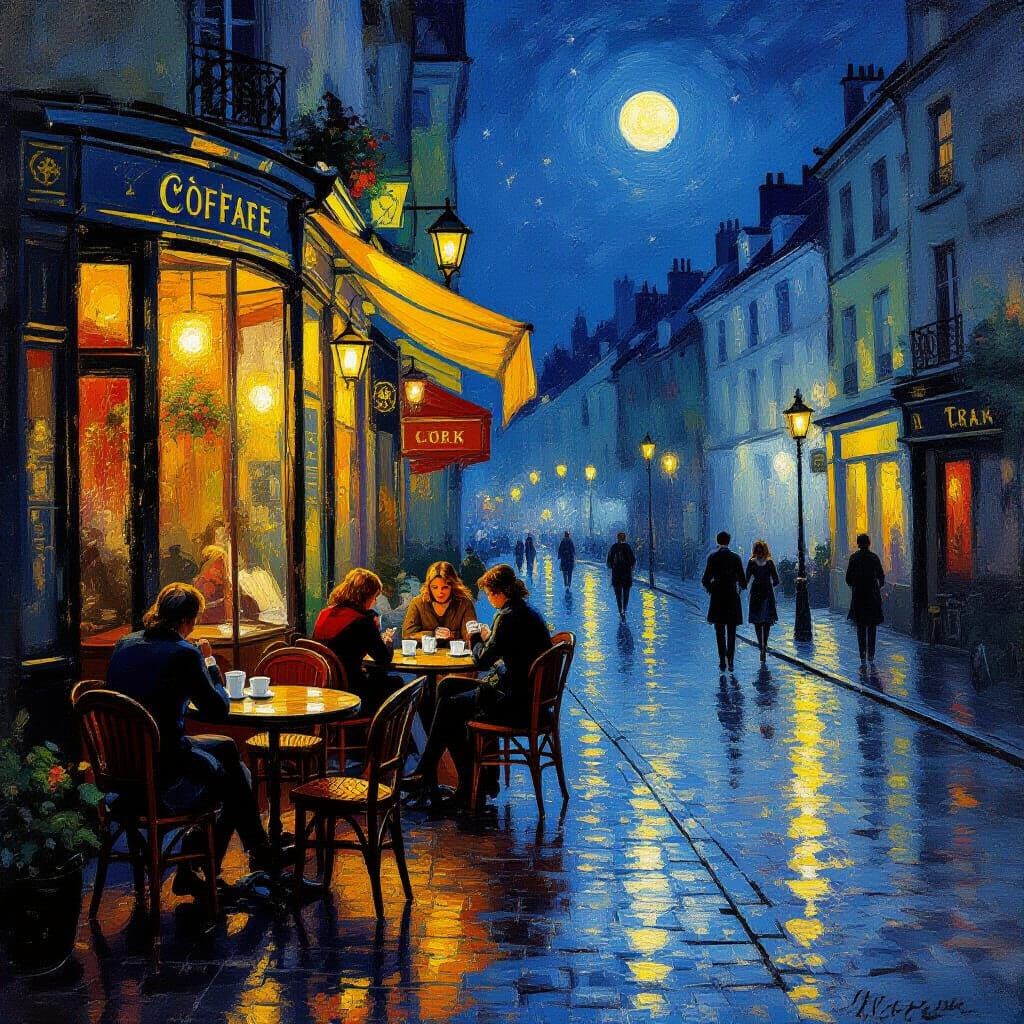 Cozy Night Cafe on Wet Cobblestone Street