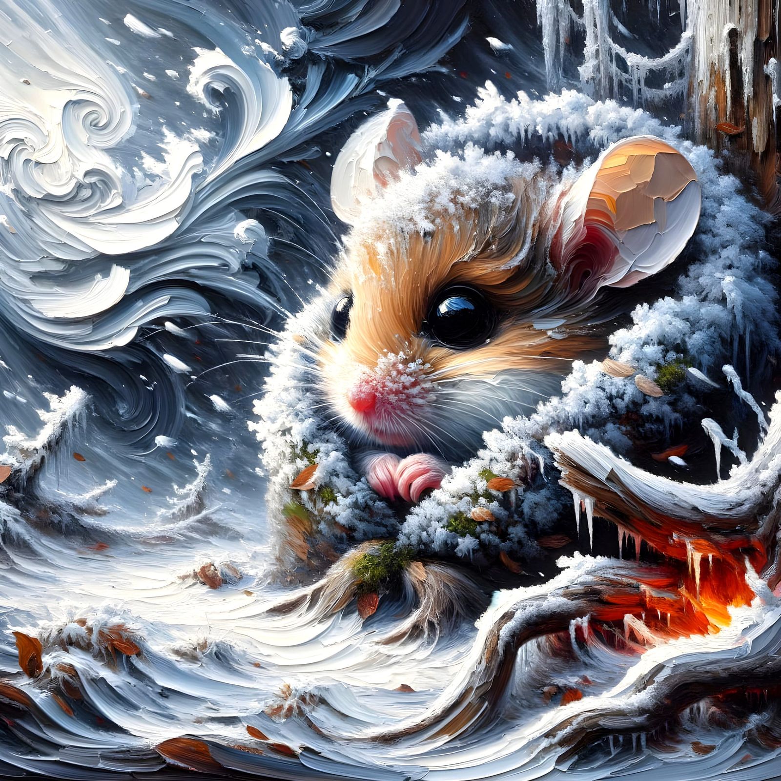 Adorable Mouse in Blizzard Impasto Painting