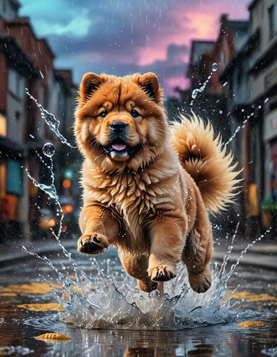 Playful Chow Chow Puppy Splashing in Puddle