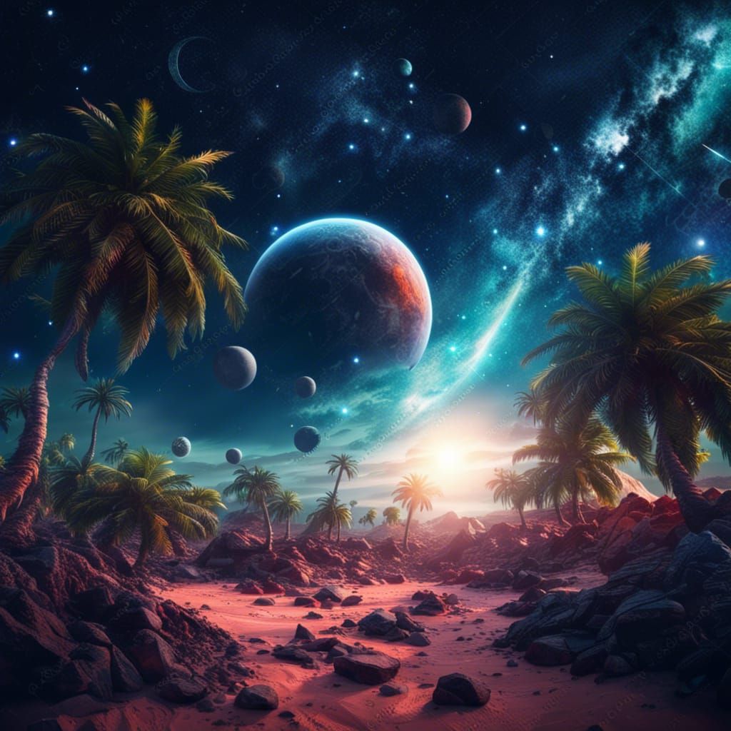 Tropical Alien Planet with Galaxies and Stars