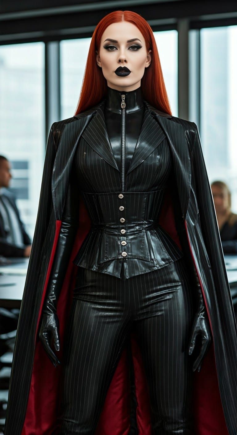 This image features a striking figure exuding confidence and allure in a professional setting. The subject is a woman dr...