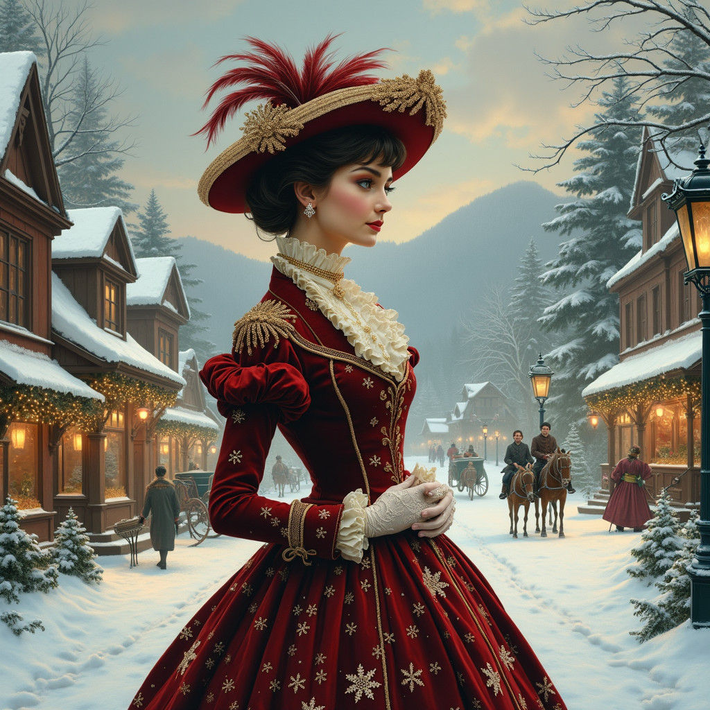 Victorian Christmas Village Scene in Rackham Style