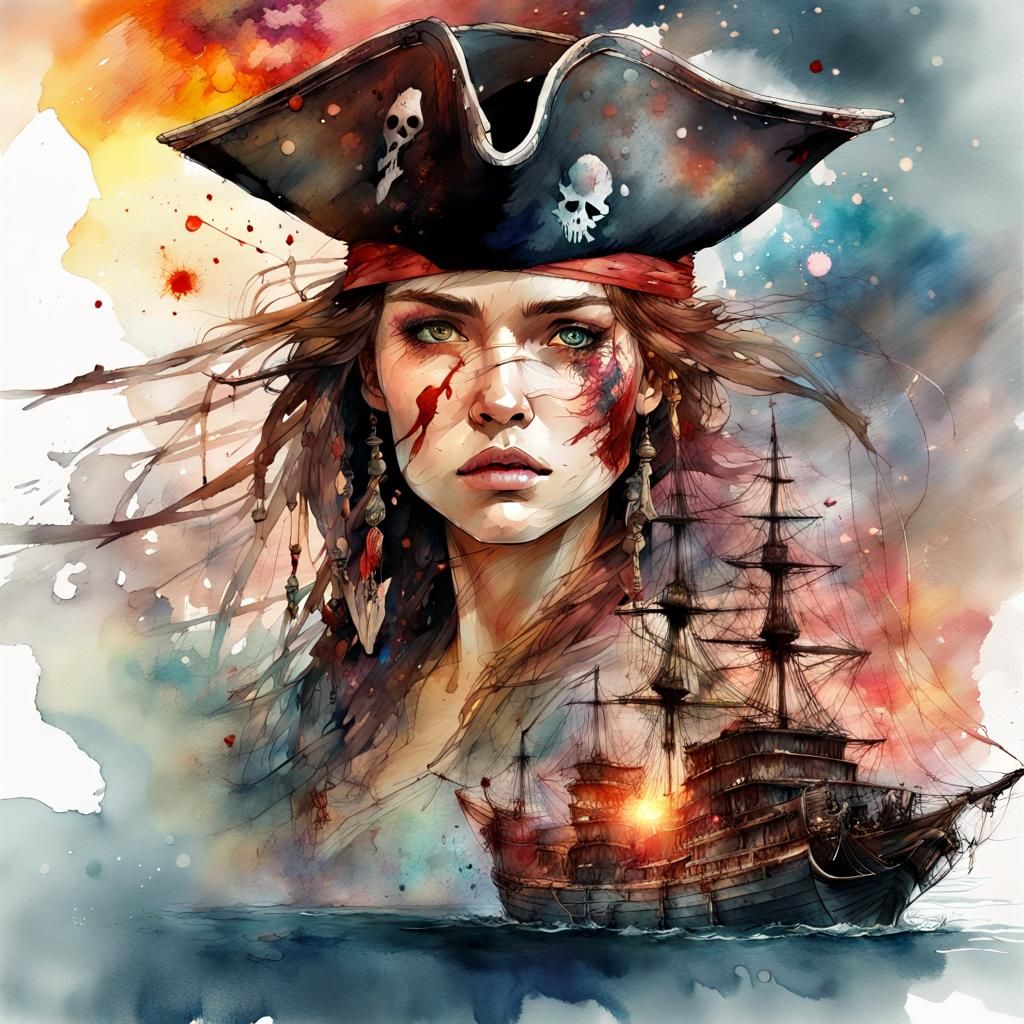 Stunning Pirate Woman in Digital Watercolor Art