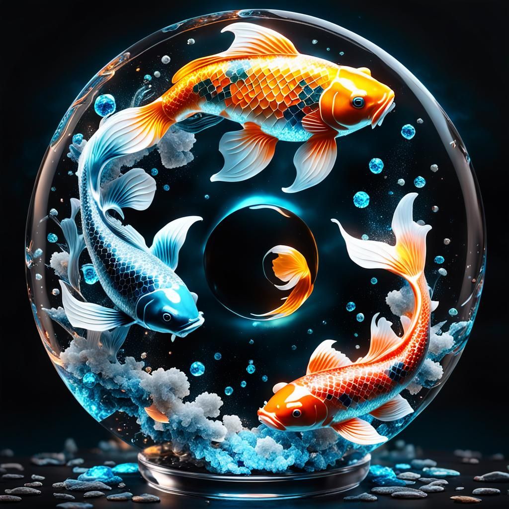 Bioluminescent Koi in Glass Yin Yang: Digital Art