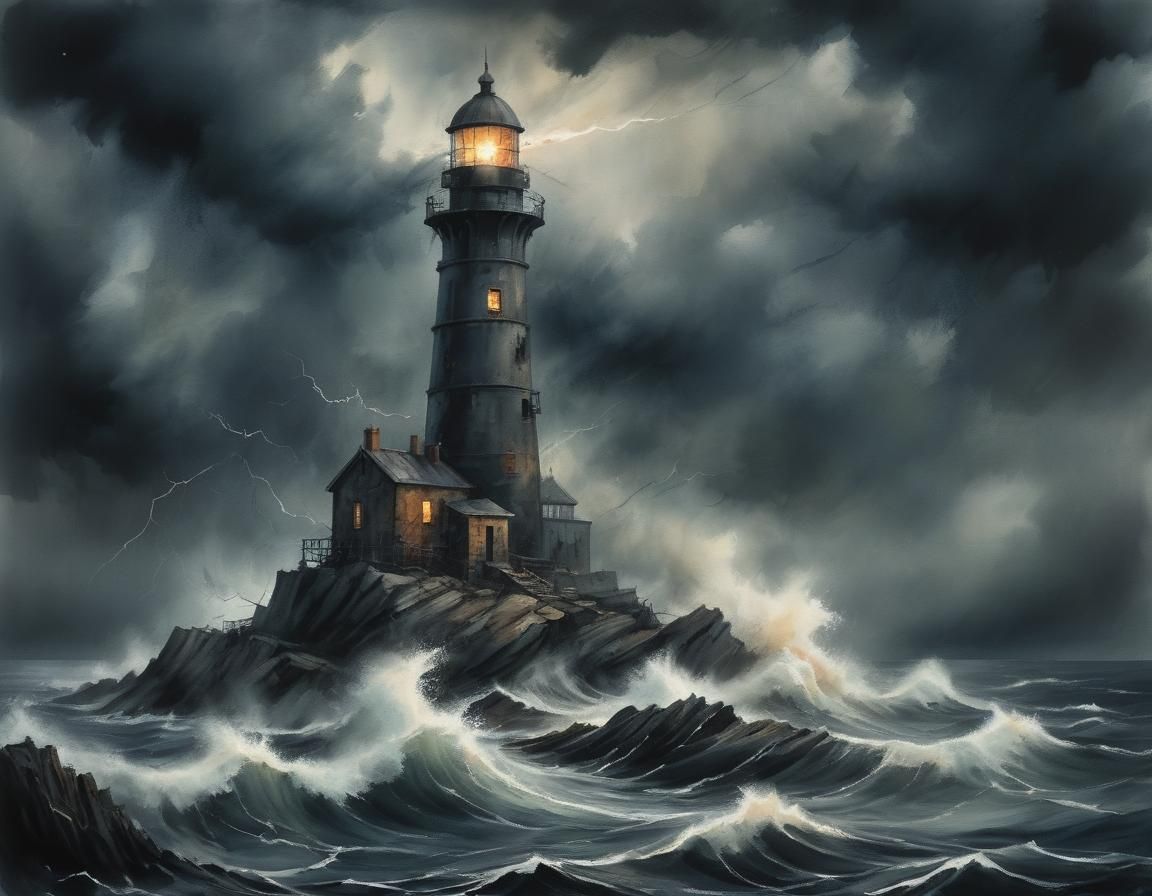 Burning Lighthouse Amidst Stormy Seas: Expressionist Paintin...