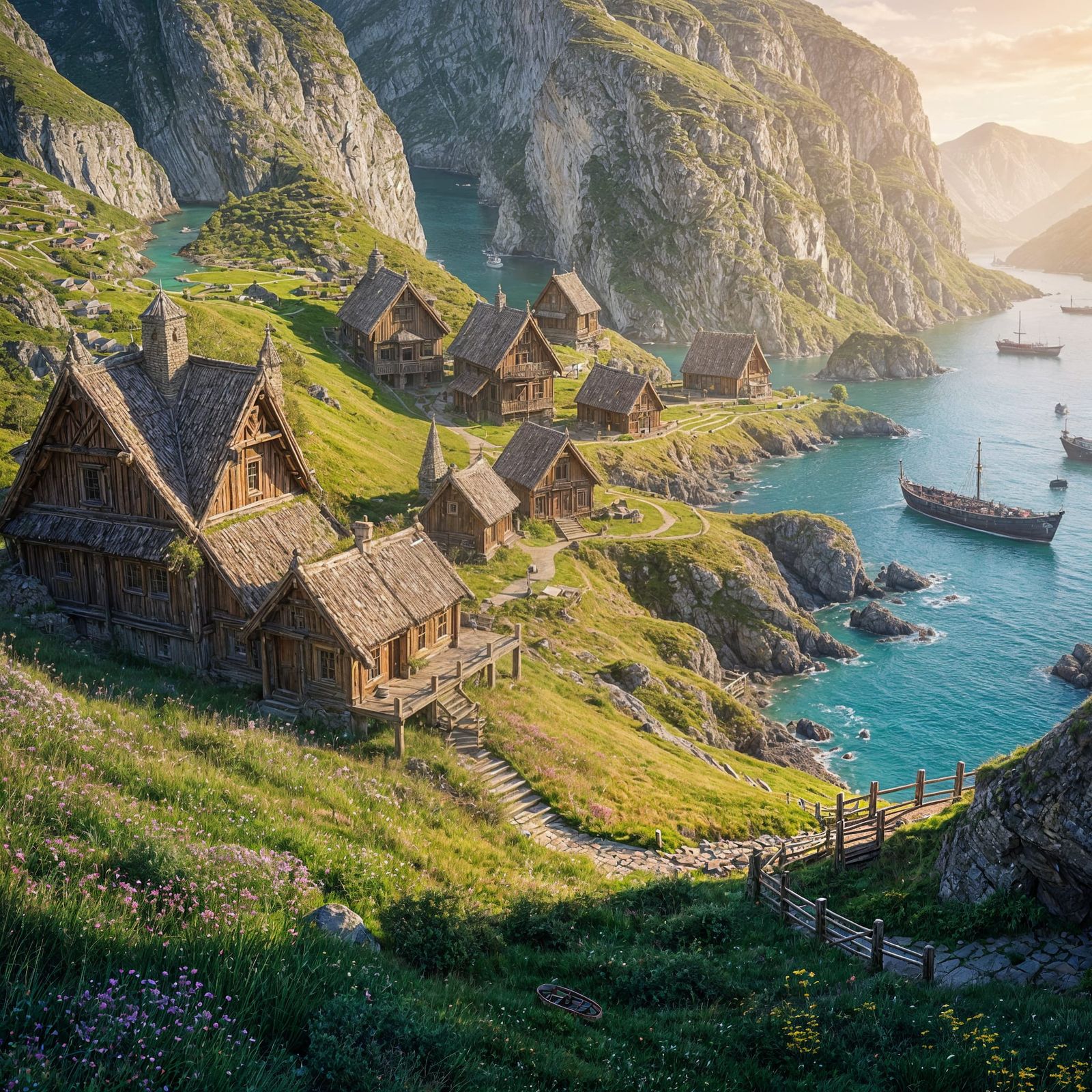 Celtic Village in Fjord at Sunset: Mythic Realism