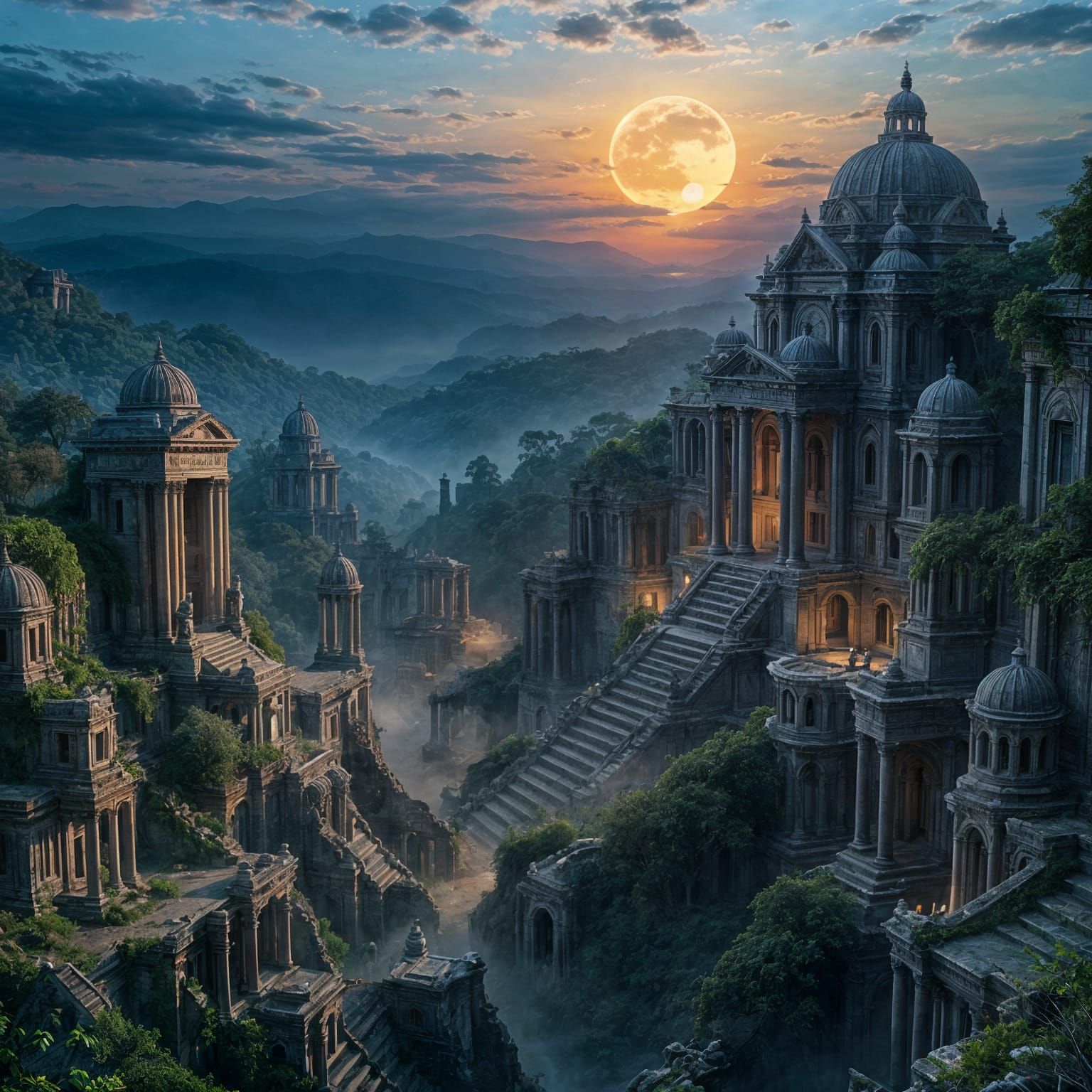 Ancient Ruins in Golden Hour, Surreal Cityscape
