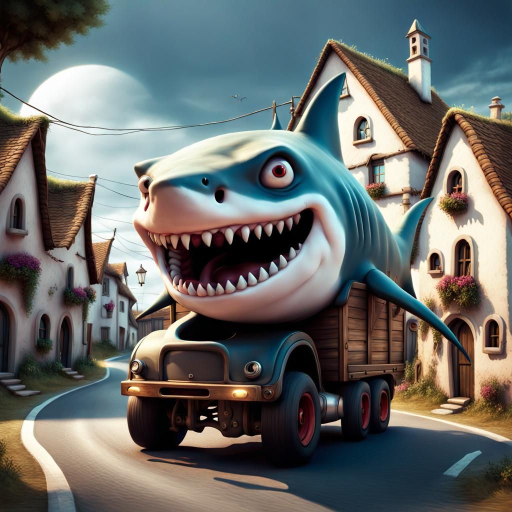 Imaginary gothic fantasy funny little shark truck