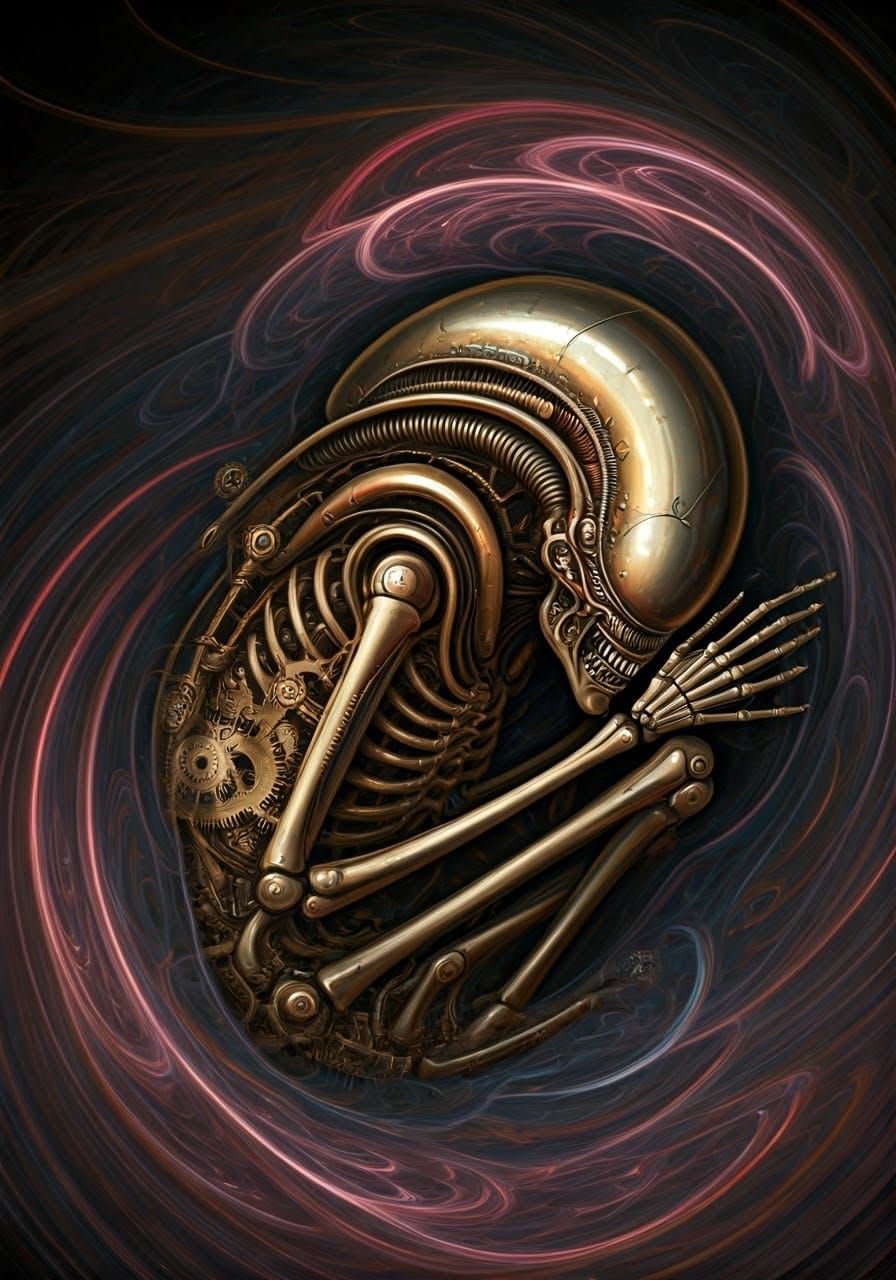 Steampunk Clockwork Xenomorph in Surreal Dreamscape