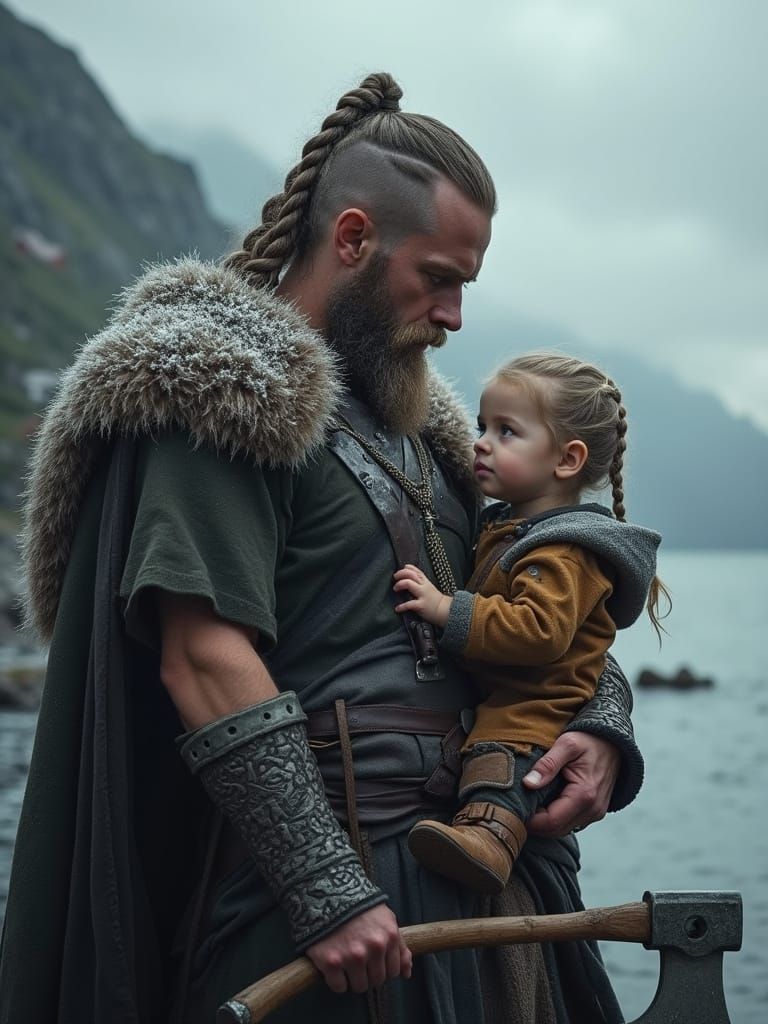 Viking Warrior Protects Child in Harsh Fjord Landscape