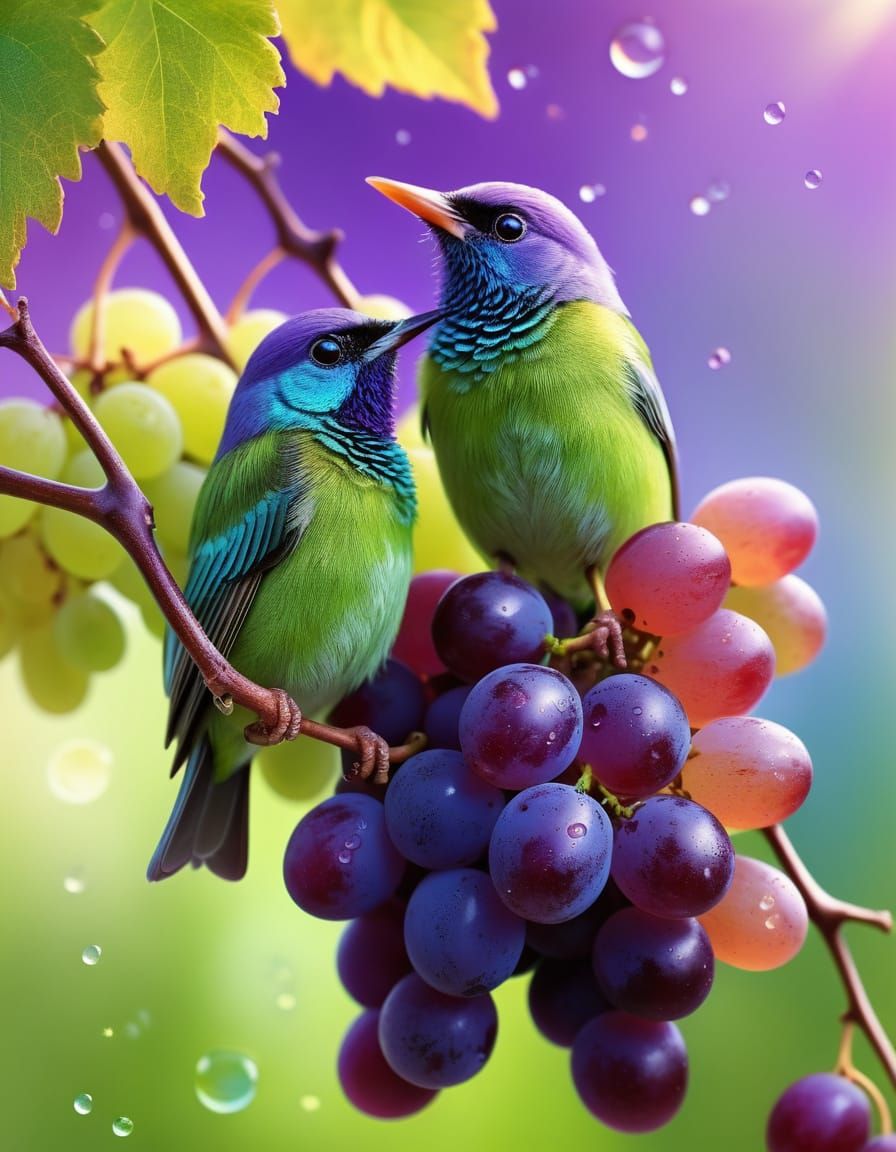 Vibrant Grape Birds in Whimsical Hyper-Realistic Scene