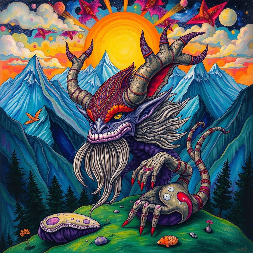 Dreamlike Mountain Troll in Vibrant, Mystical Landscape
