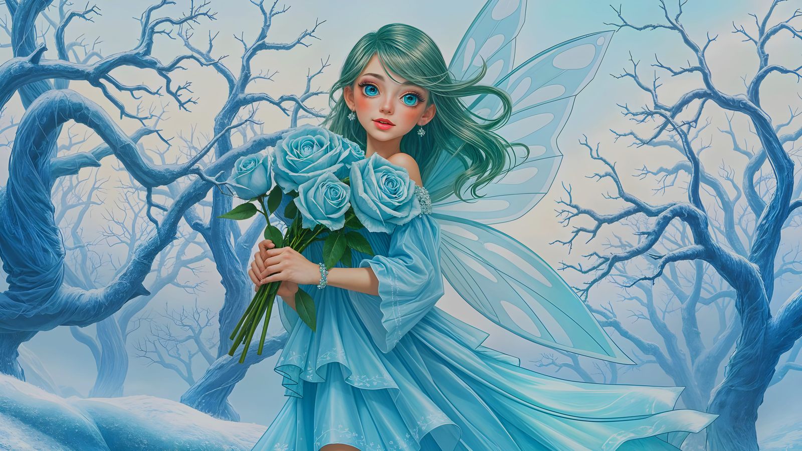 Retro Futuristic Ice Fairy in Icy Orchard